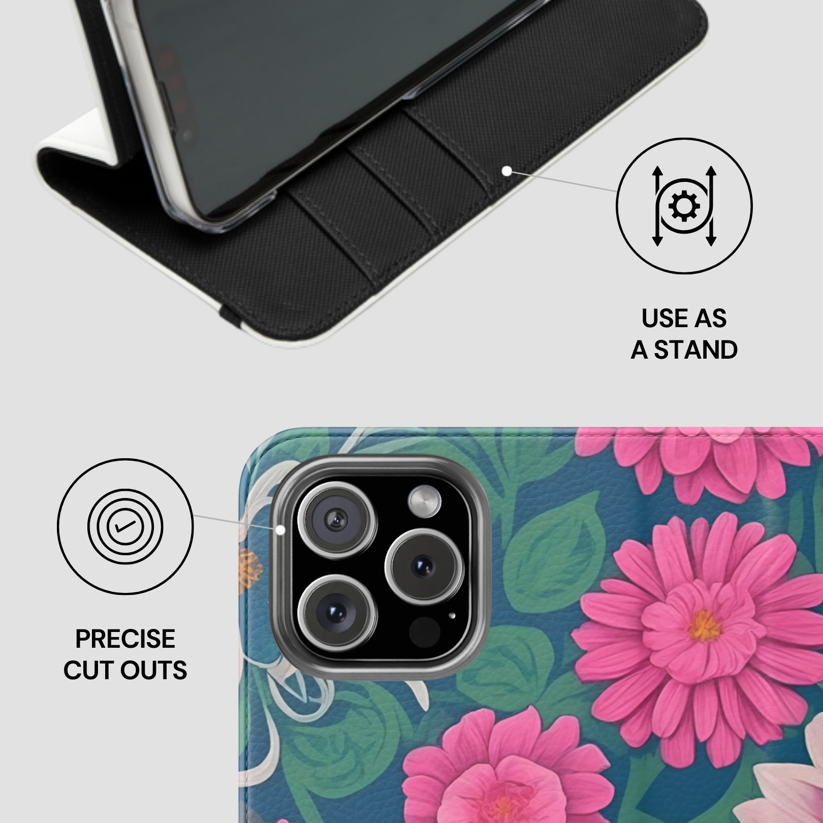 Phone case with floral design and stand feature on a light gray background