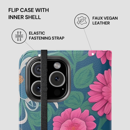 Floral phone case with features highlighted on a white background