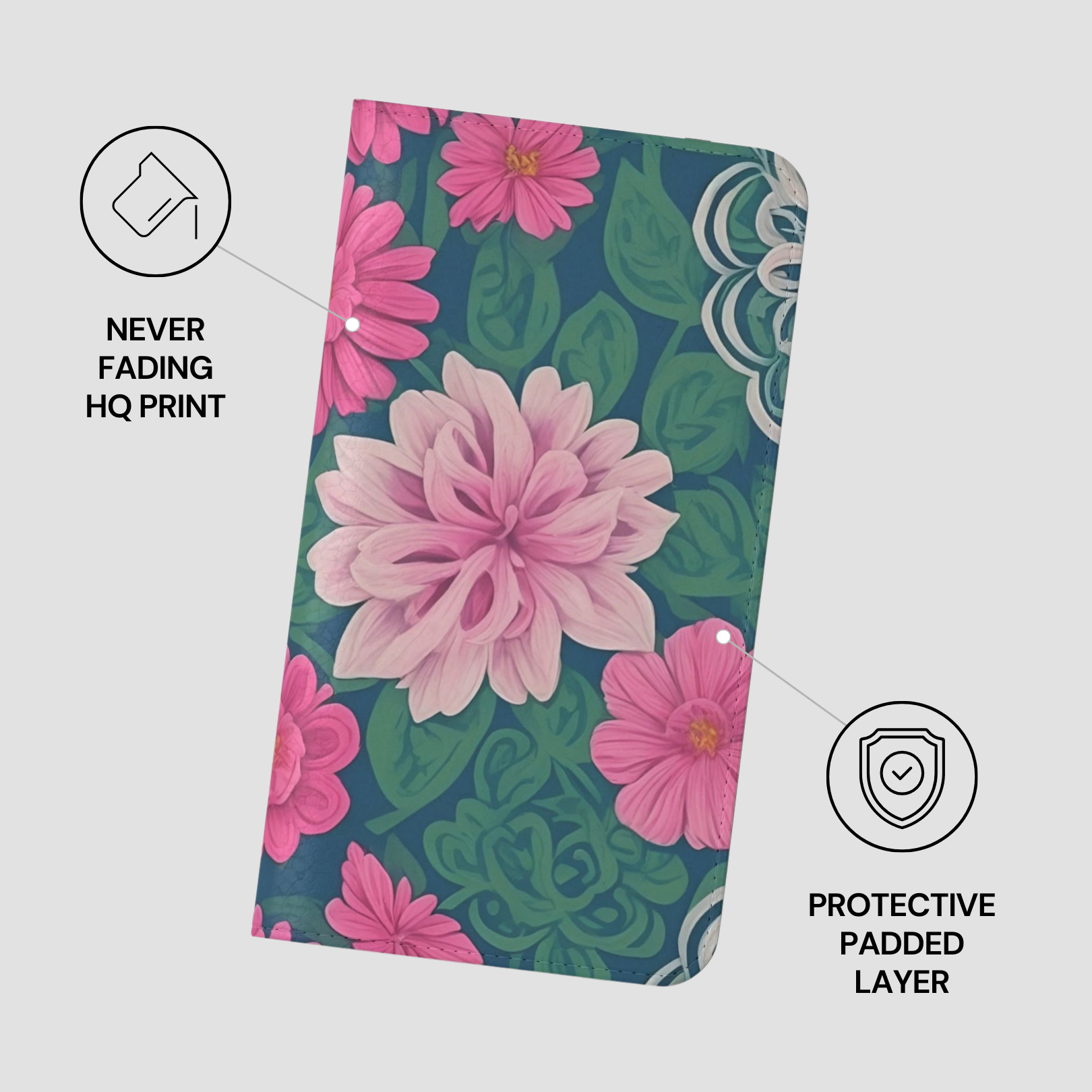Floral design case with pink flowers and green leaves on a blue background, featuring text about print quality and padding.