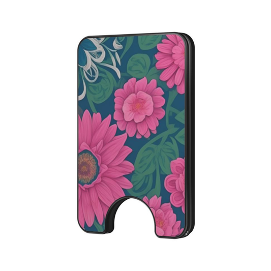 Blush Garden Magnetic Wallet with pink floral design, green leaves, and deep blue background
