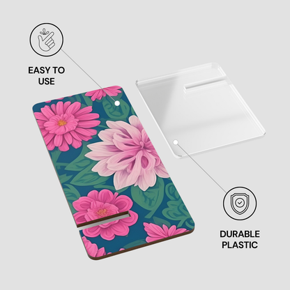 Floral design phone case with text 'Easy to use' and 'Durable plastic' on a white background