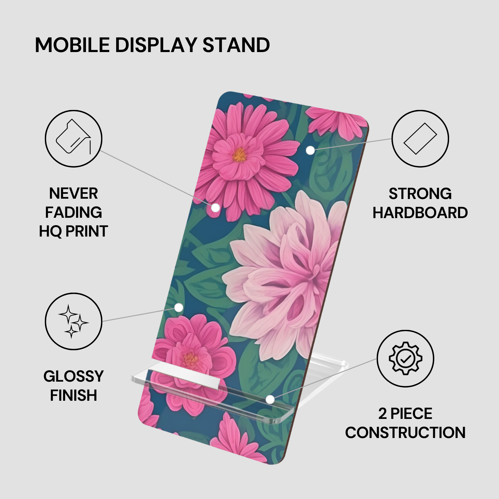 Floral design mobile display stand with features listed on a gray background
