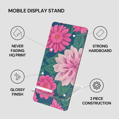 Floral design mobile display stand with features listed on a gray background