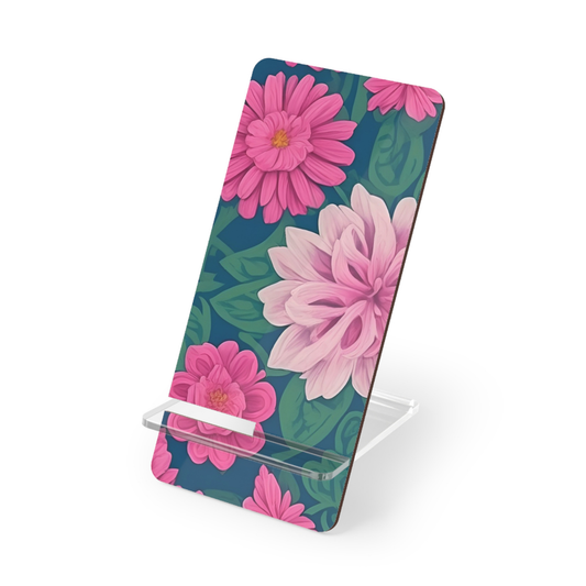 Floral phone stand with pink flowers on a green background
