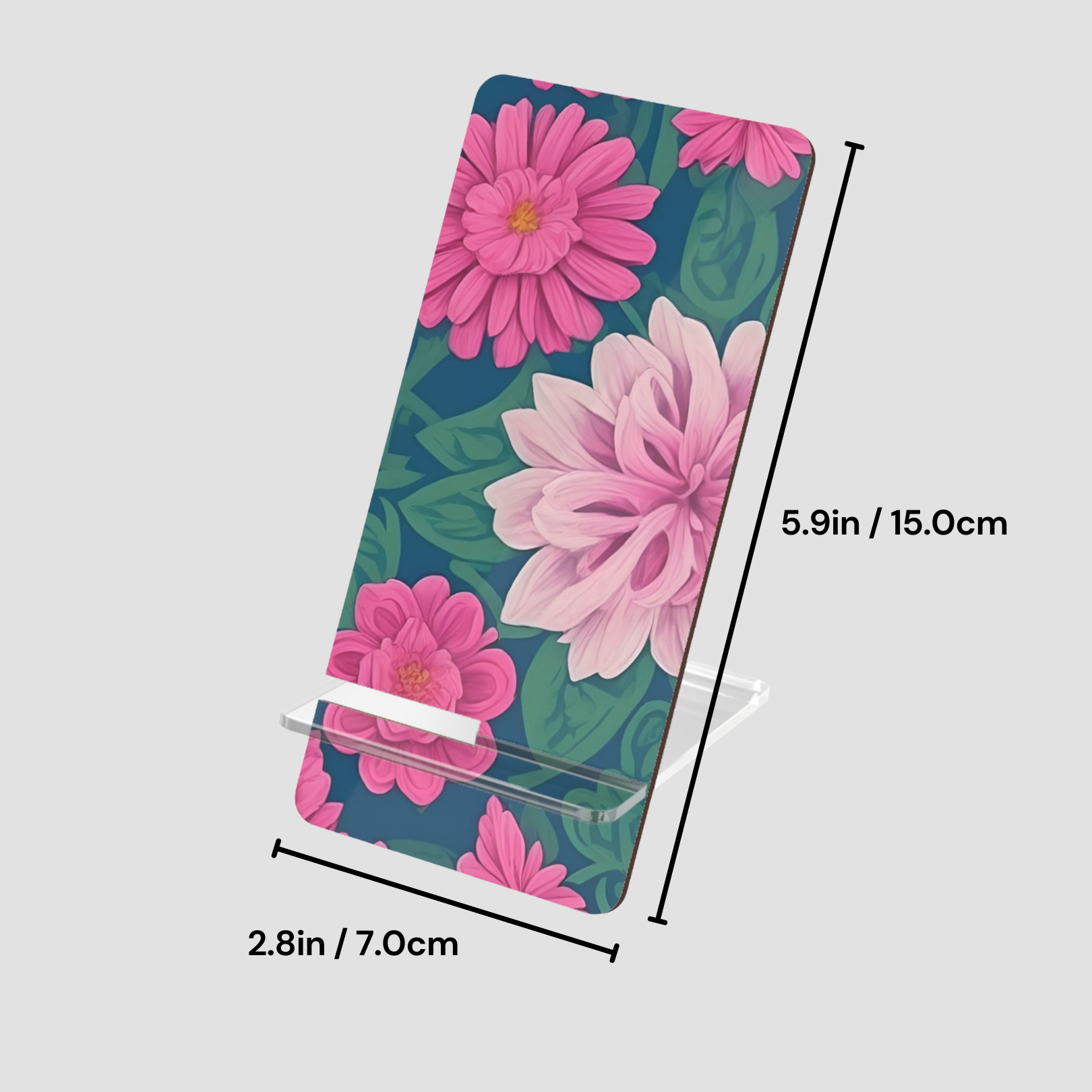 Floral phone case with measurements on a white background
