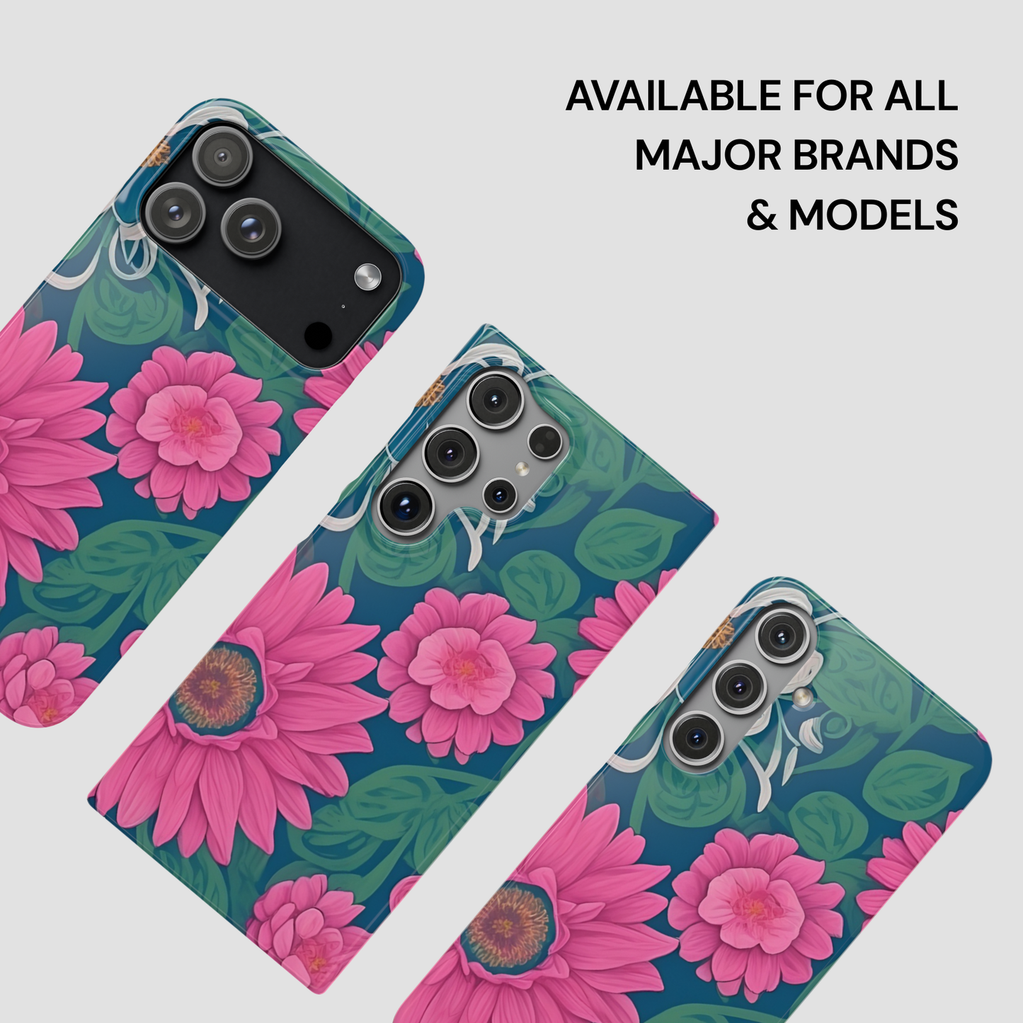 Floral phone case on a white background with text about compatibility.