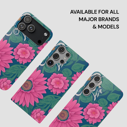 Floral phone case on a white background with text about compatibility.