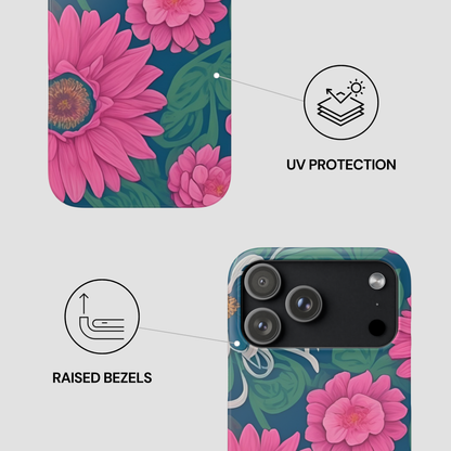 Floral phone case with UV protection and raised bezels features on a white background