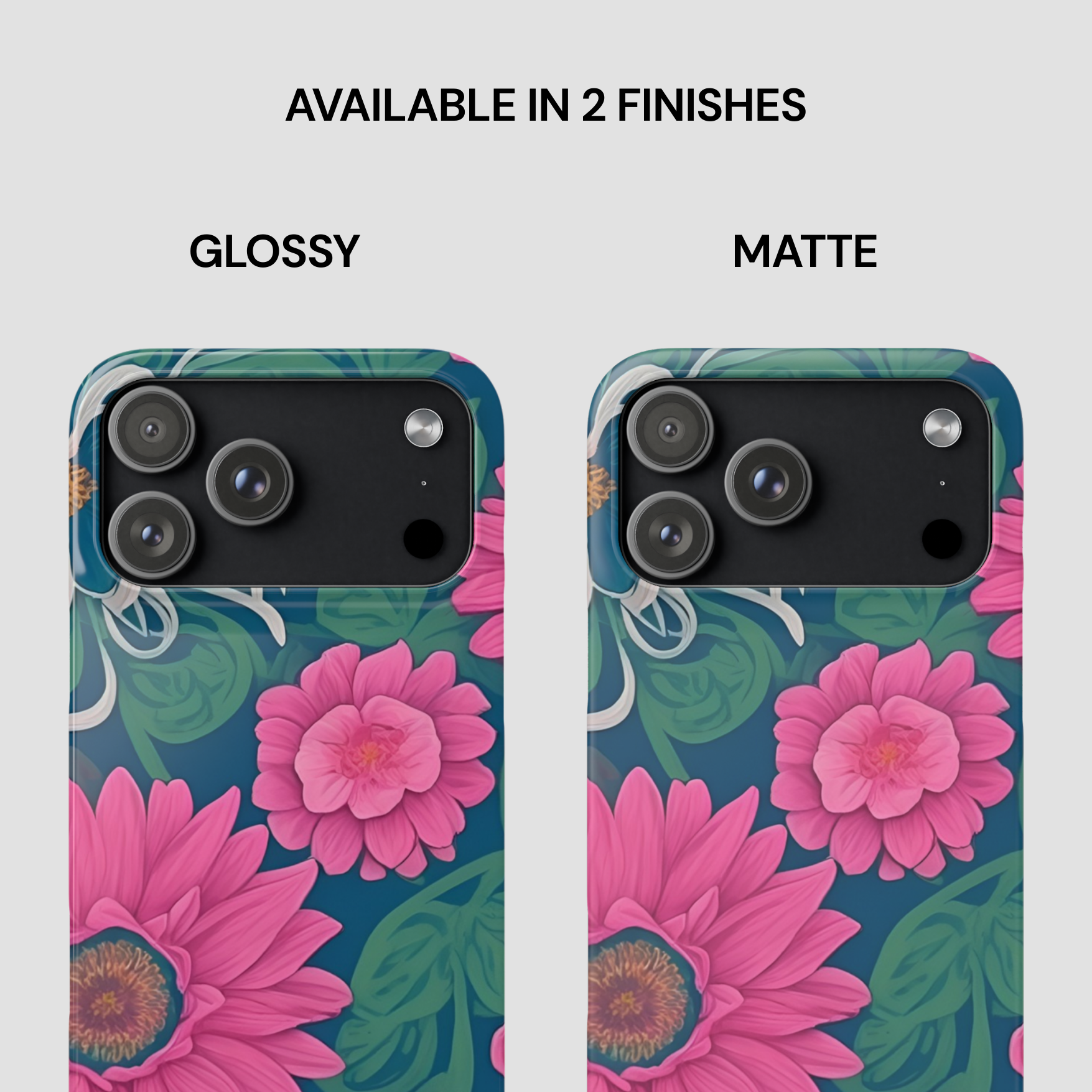 Two phone case designs with floral pattern, one glossy and one matte, on a white background.