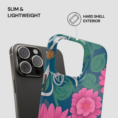Floral phone case with 'Slim & Lightweight' and 'Hard Shell Exterior' text on a gray background