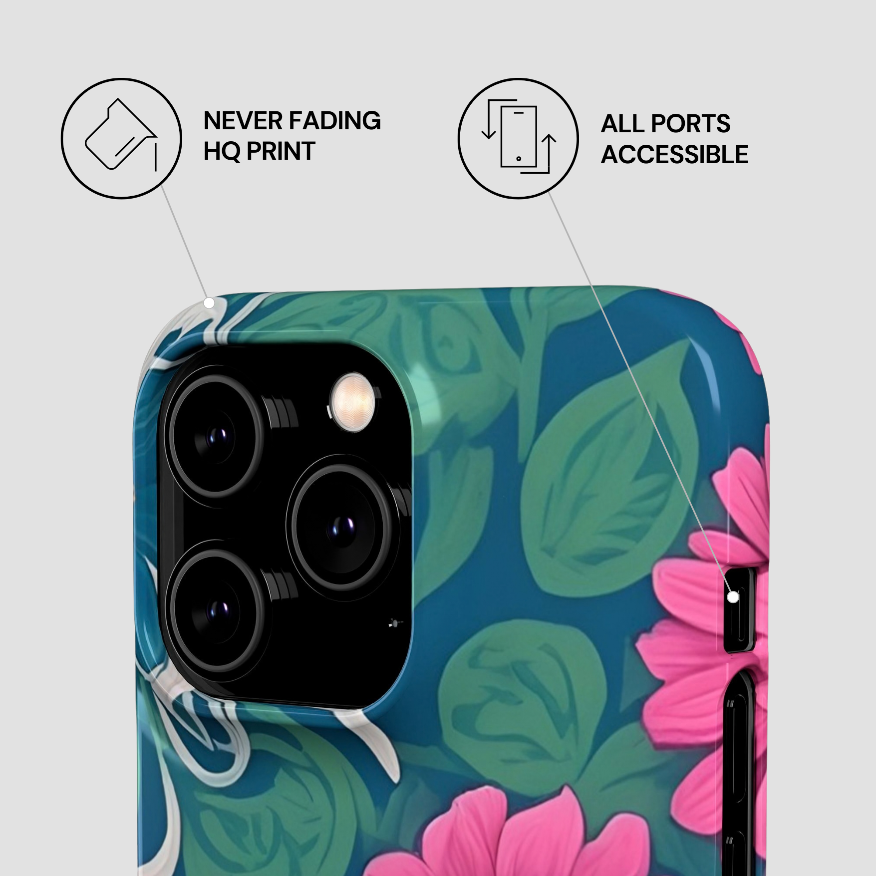 Phone case with floral design and features text on a light gray background