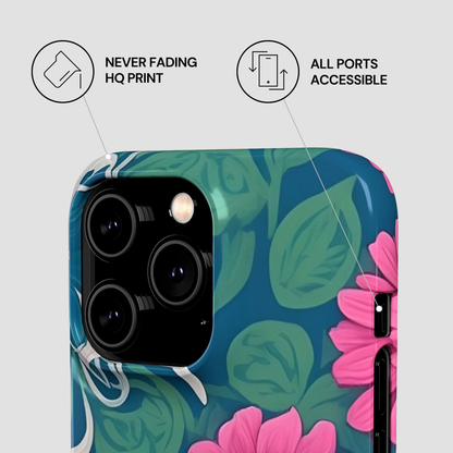 Phone case with floral design and features text on a light gray background