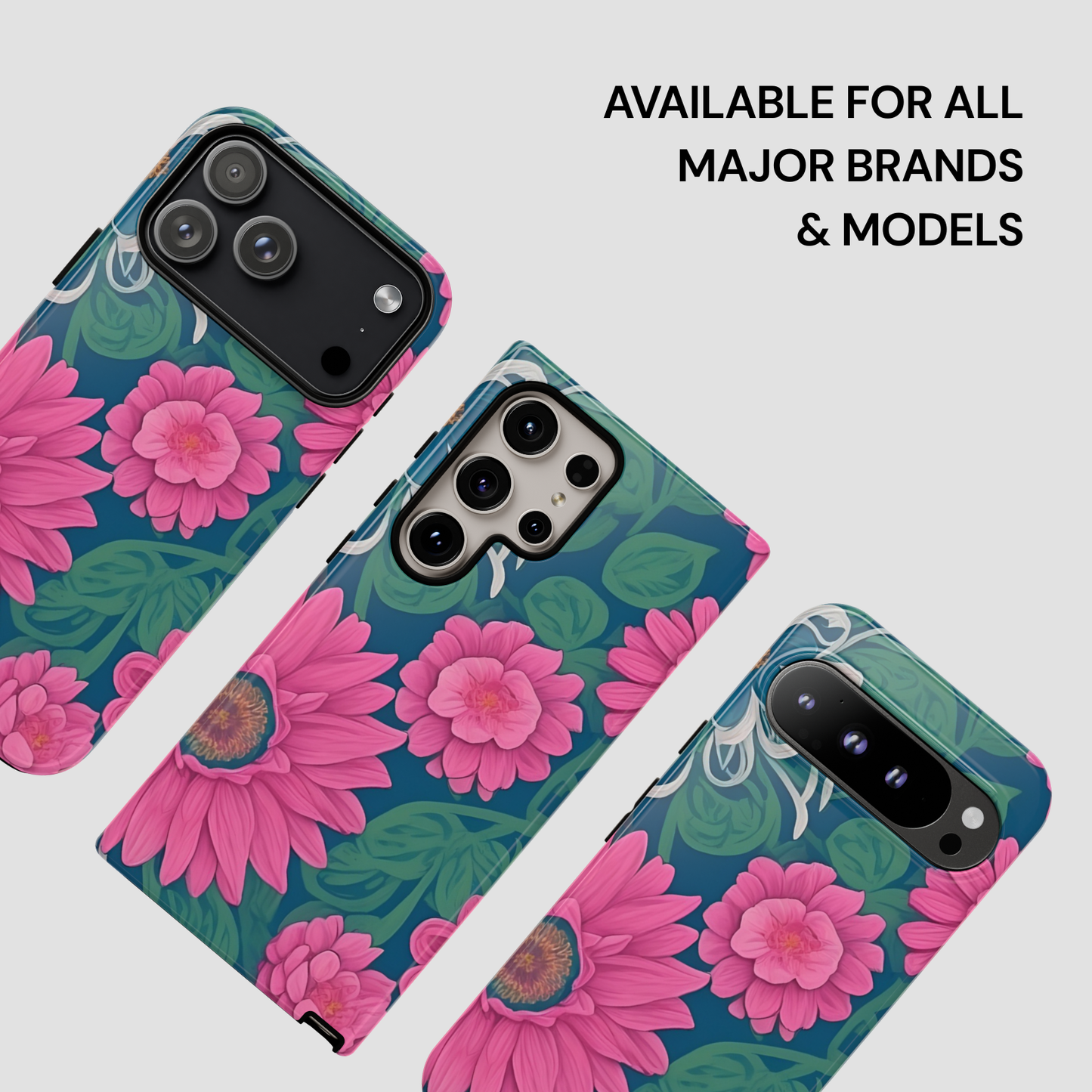 Floral phone case with pink flowers on a blue background, available for all major brands and models.