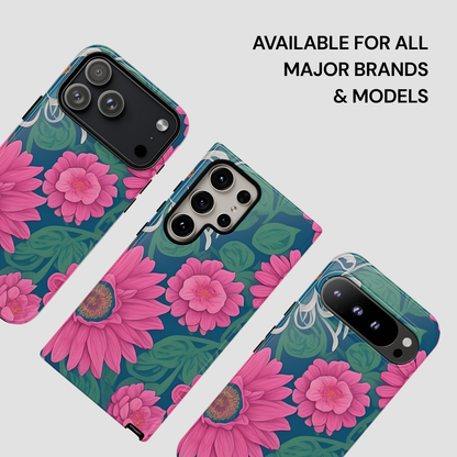 Floral phone case with pink flowers on a blue background, available for all major brands and models.