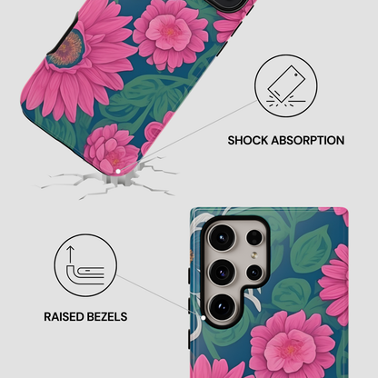 Floral phone case with shock absorption and raised bezels features on a white background