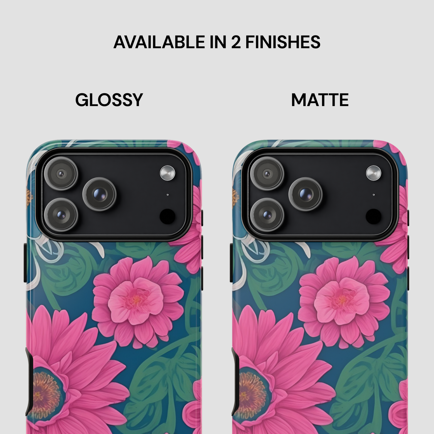 Two phone case designs with pink flowers on a blue background, labeled 'Glossy' and 'Matte'.