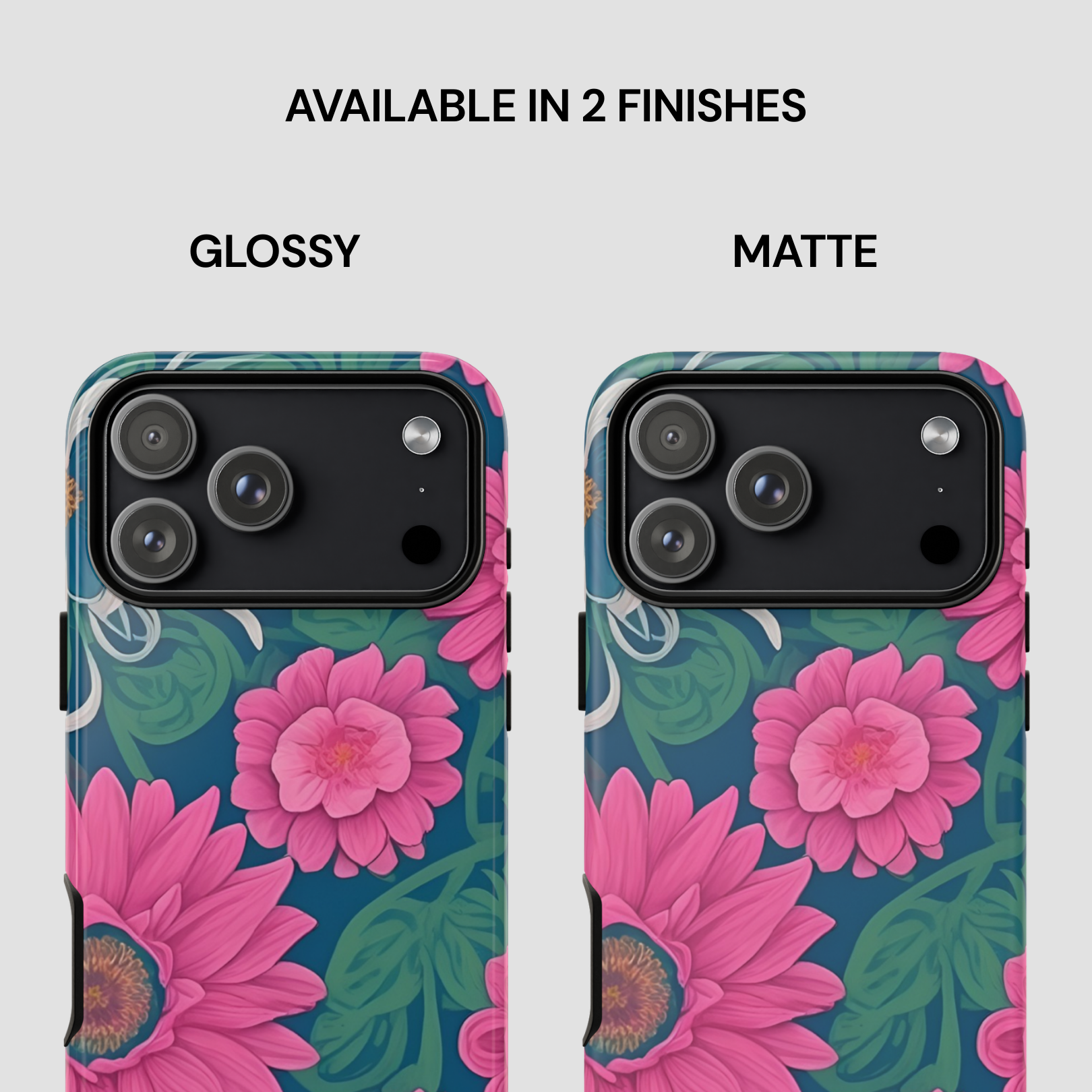 Two phone case designs with pink flowers on a blue background, labeled 'Glossy' and 'Matte'.