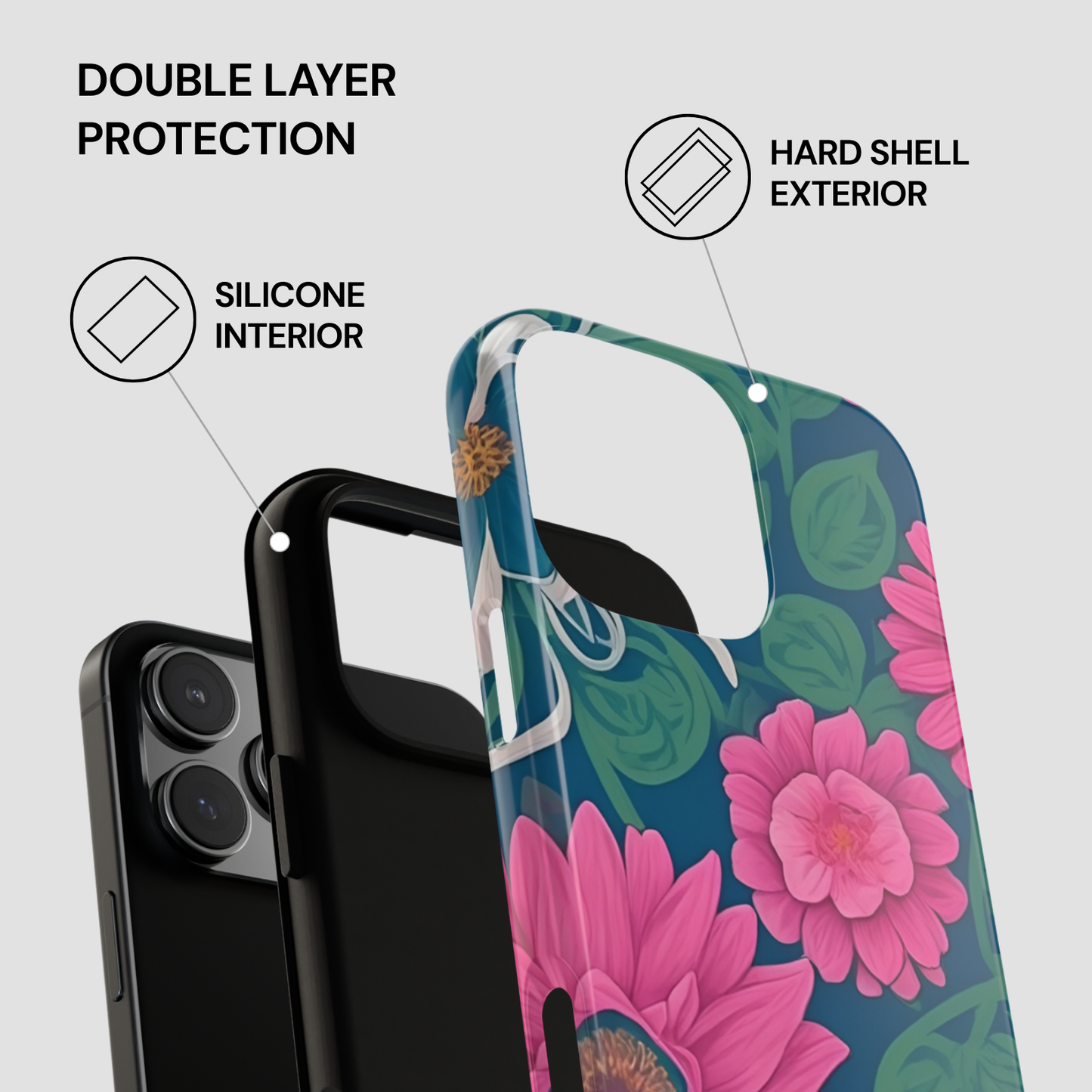 Floral phone case with double layer protection features on a white background