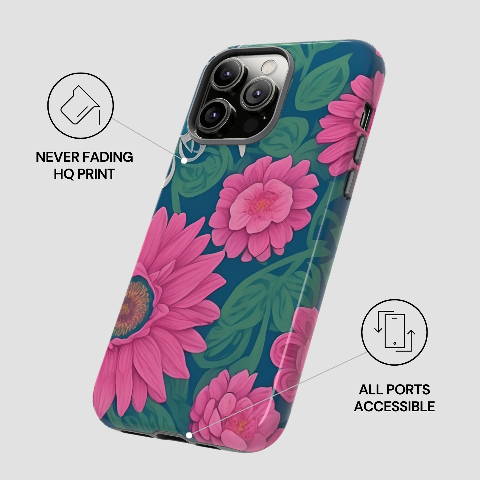 Floral phone case with pink flowers and green leaves on a blue background, featuring text about print quality and port accessibility.