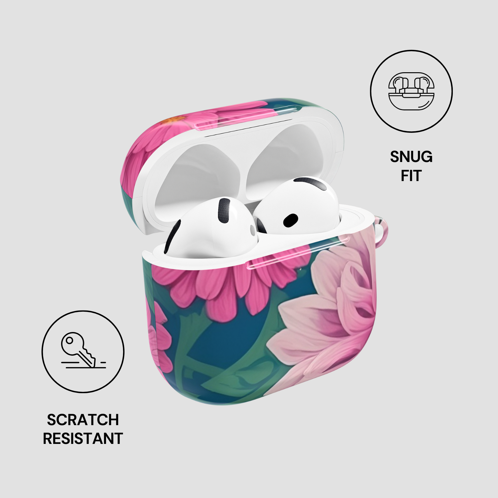 Floral design case for wireless earbuds with features highlighted on a light gray background