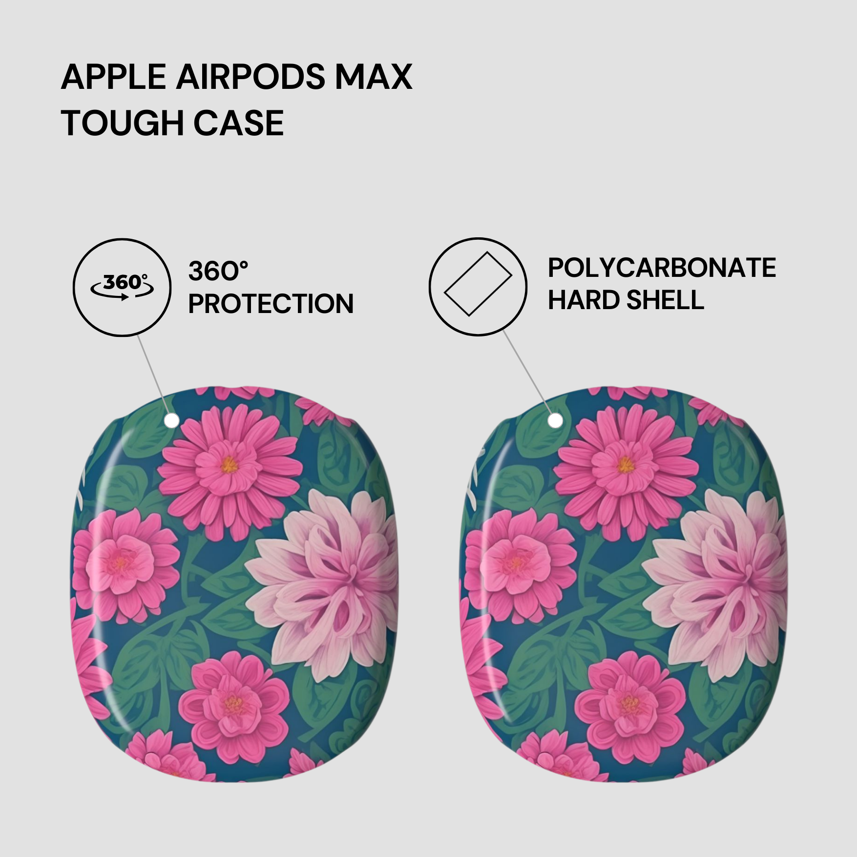 Floral design tough case for Apple AirPods Max with text highlighting features on a light gray background.