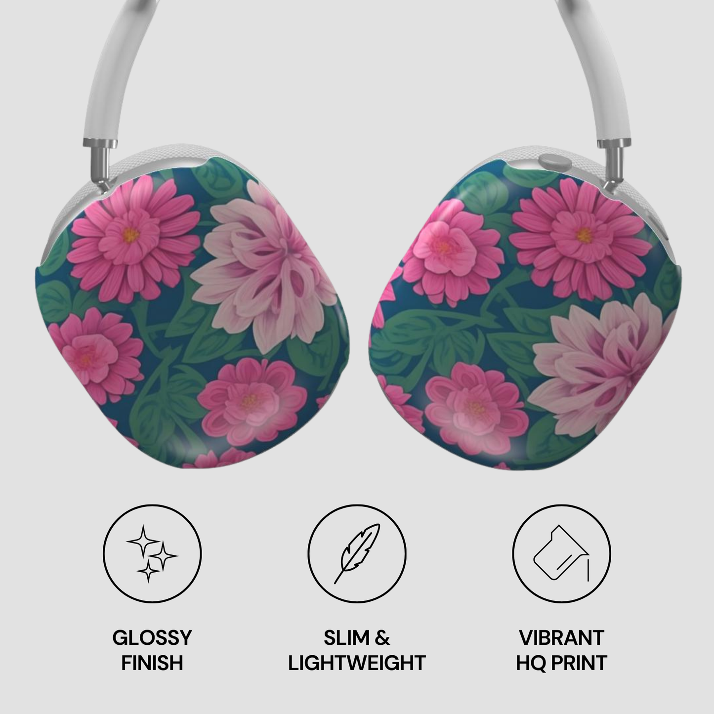 Floral-patterned headphones with glossy finish, slim design, and vibrant print on a white background.