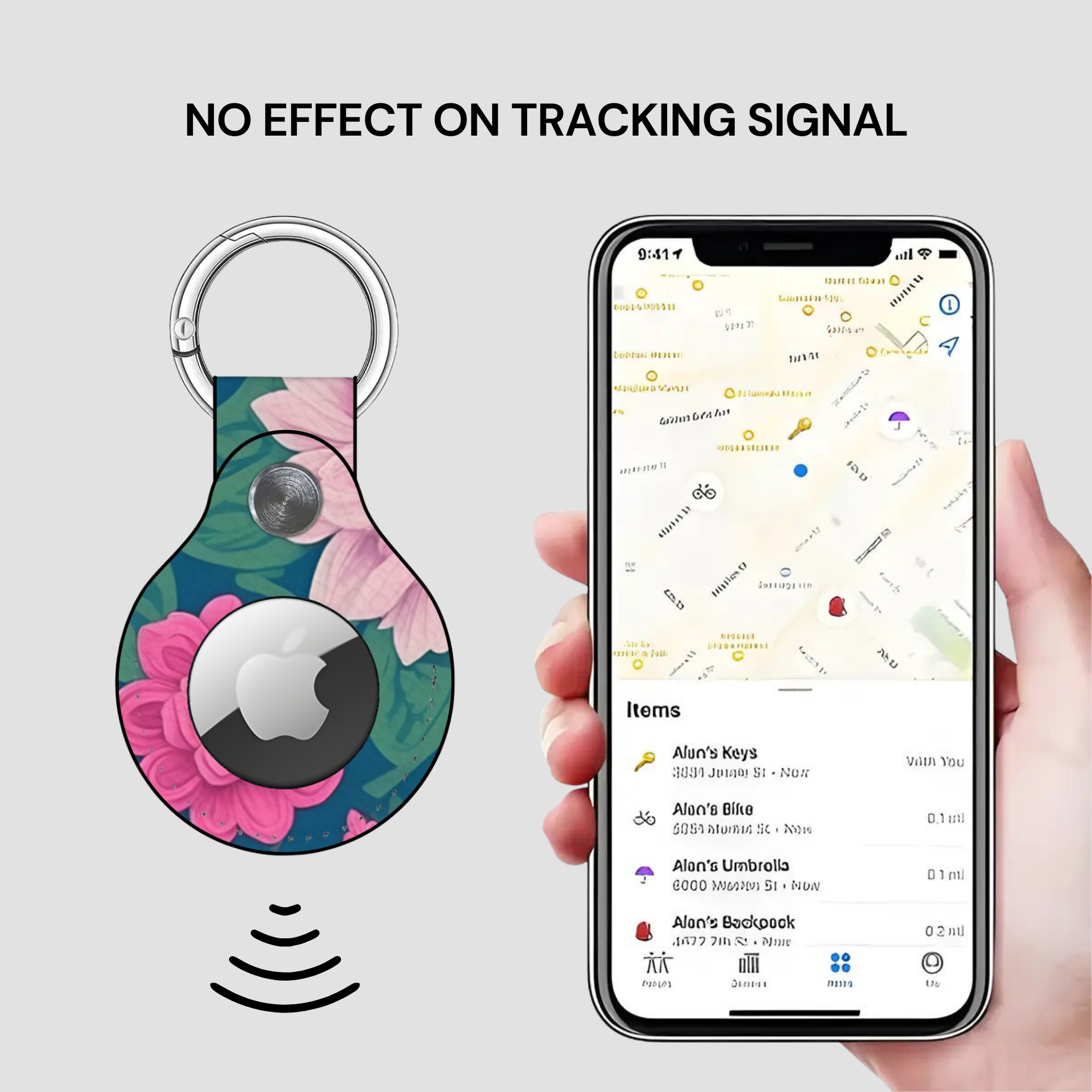 Floral keychain tracker with smartphone app showing location tracking on a light gray background