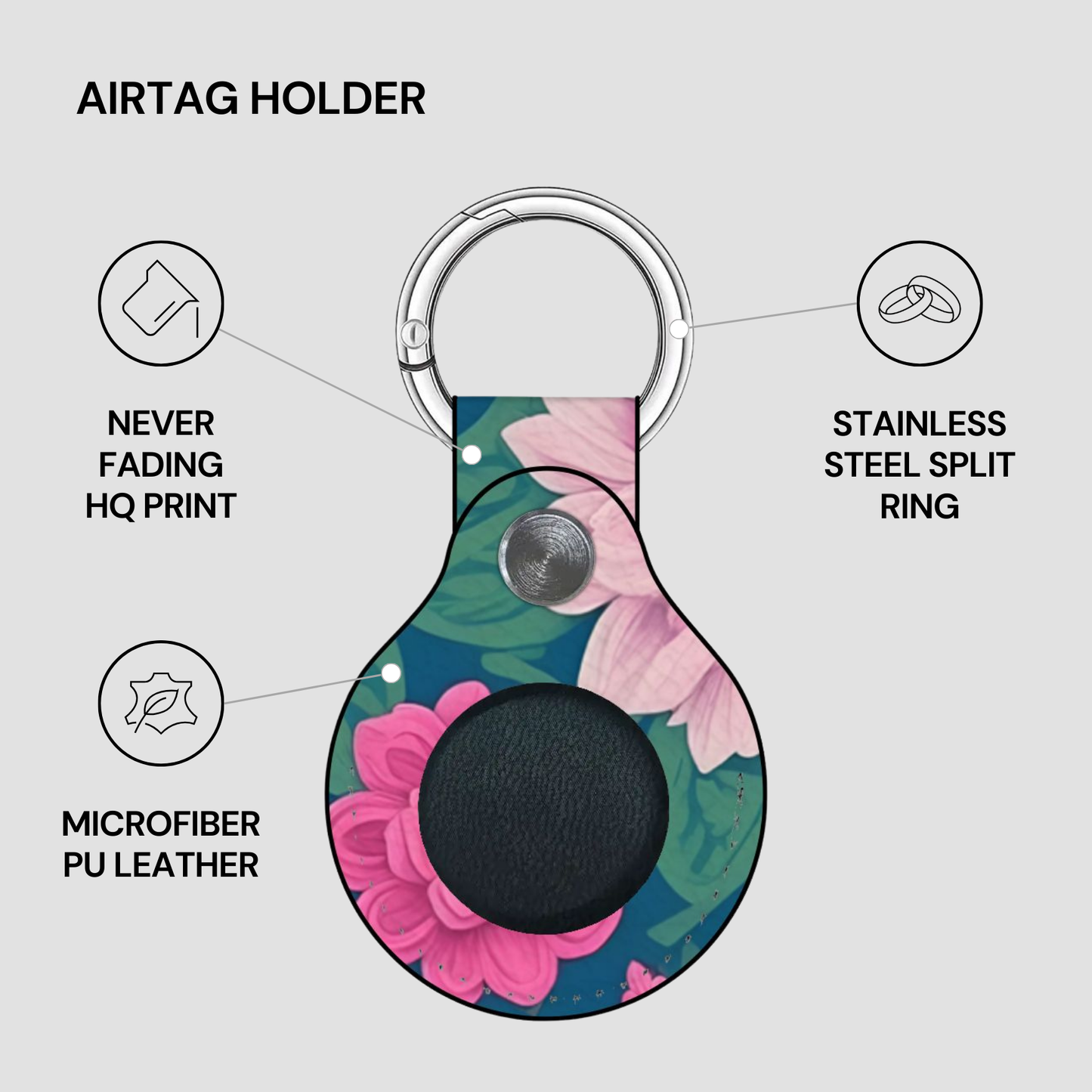 Floral airtag holder with keychain on a gray background