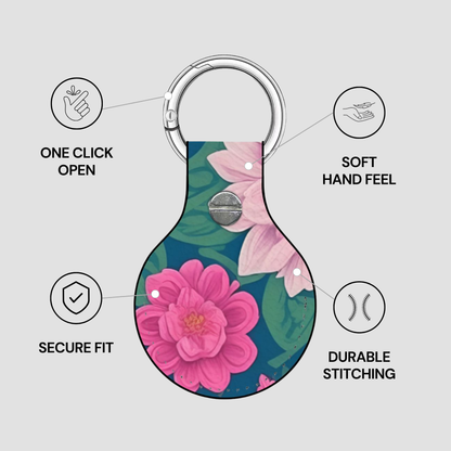 Floral keychain with features highlighted on a gray background