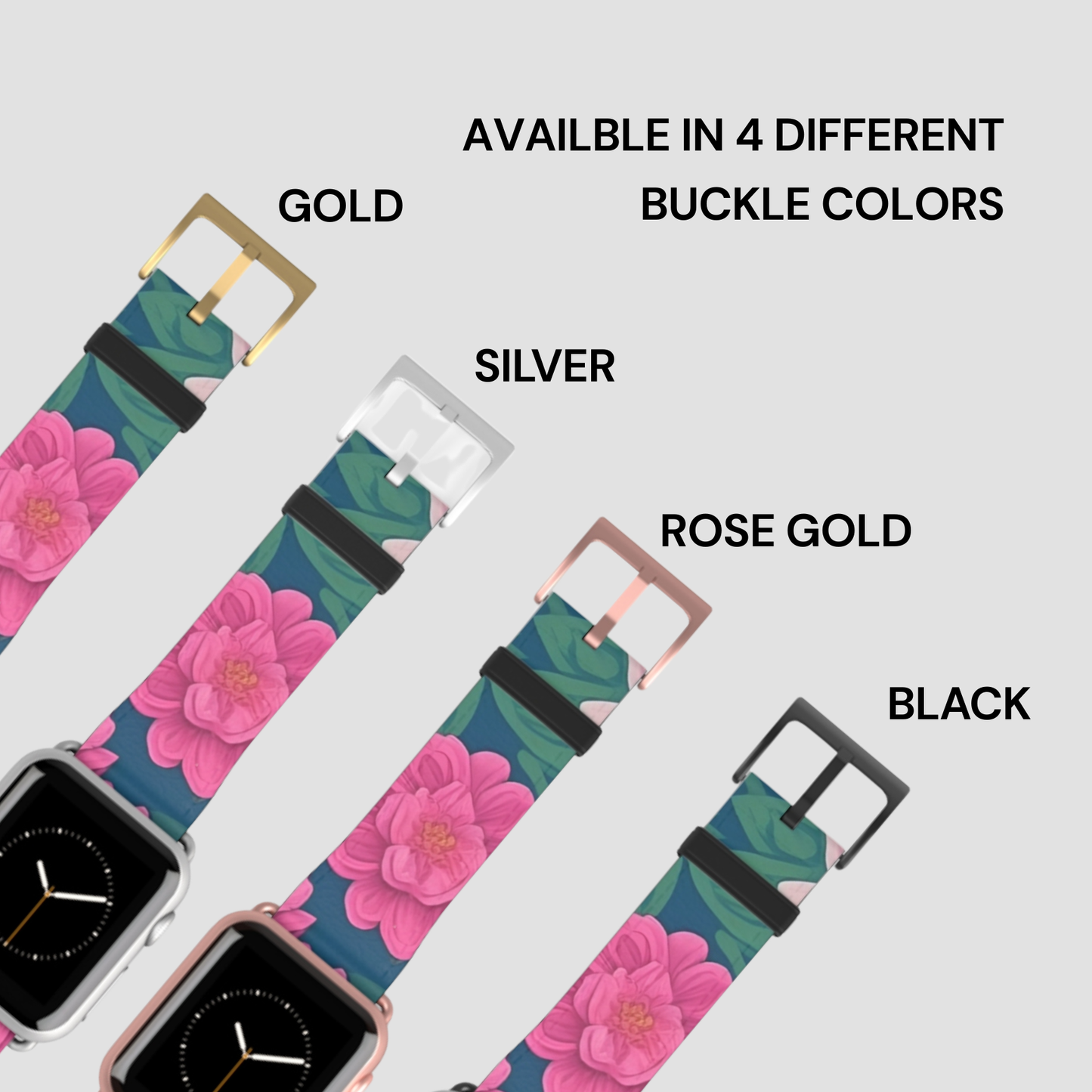Floral watch strap with gold, silver, rose gold, and black buckles on a light gray background.