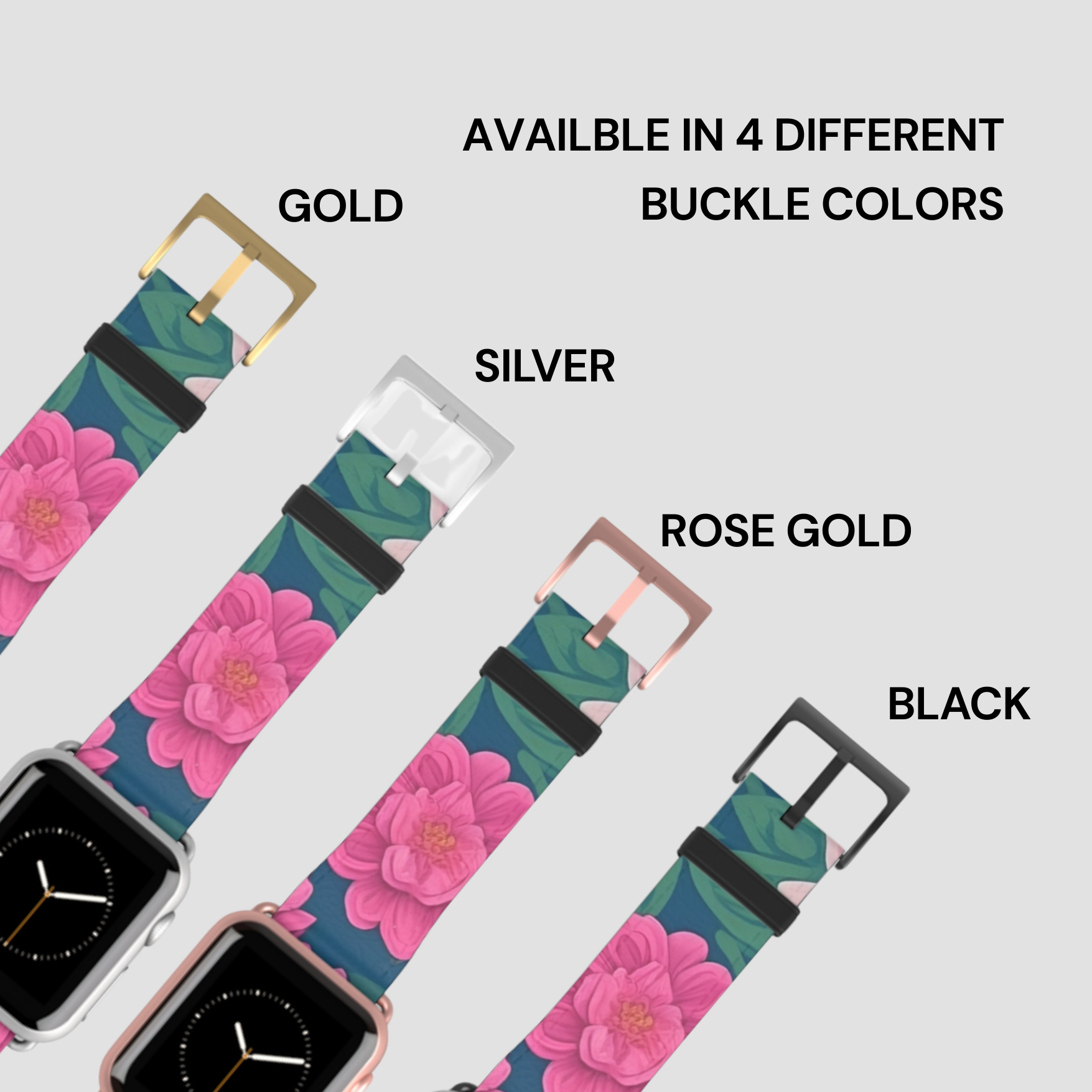 Floral watch strap with gold, silver, rose gold, and black buckles on a light gray background.