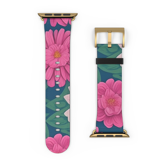 Floral patterned watch strap with gold hardware on a white background