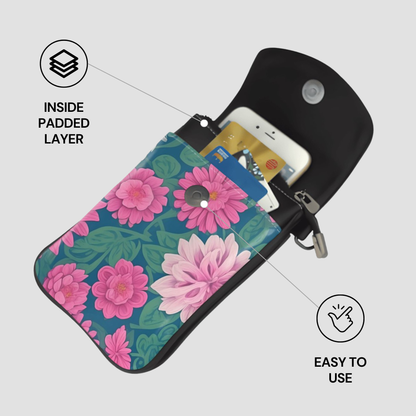Floral-patterned pouch with phone and cards, labeled 'Inside Padded Layer' and 'Easy to Use'.