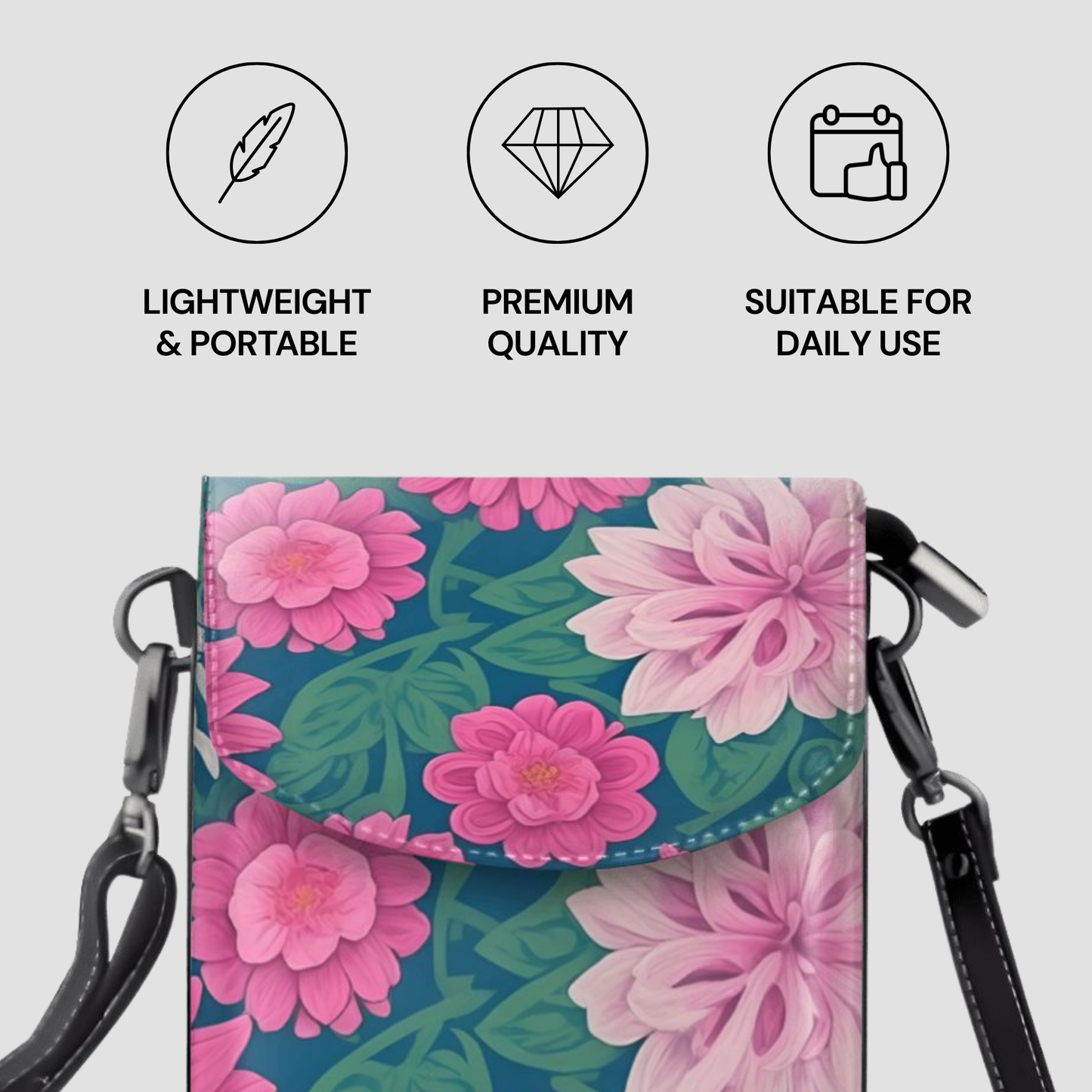 Floral patterned bag with icons and text describing features on a light gray background