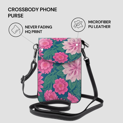 Floral crossbody phone purse with features listed on a gray background