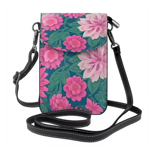 Floral patterned crossbody bag with pink flowers on a green background