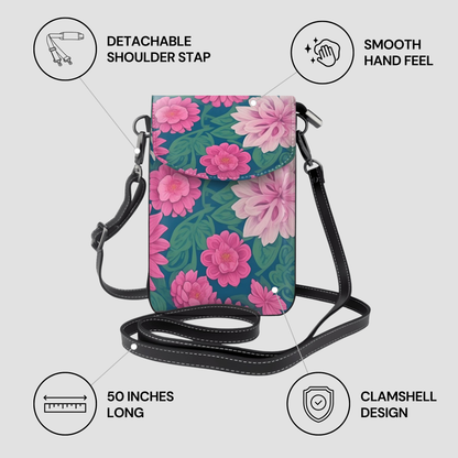 Floral patterned crossbody bag with features highlighted on a white background