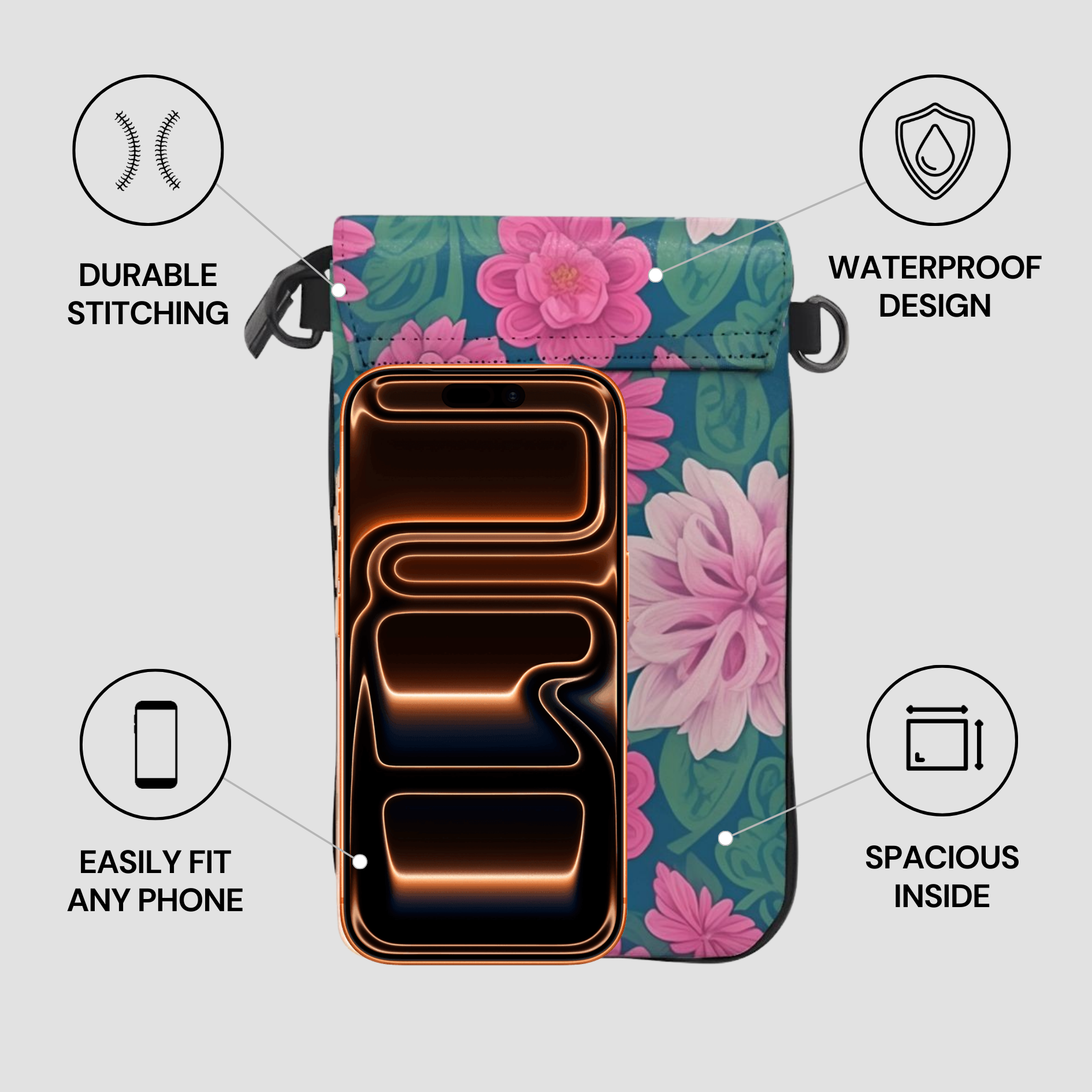 Floral phone case with features highlighted on a gray background