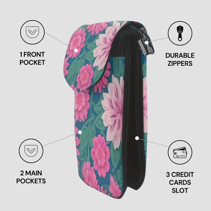 Floral patterned pouch with features highlighted on a white background