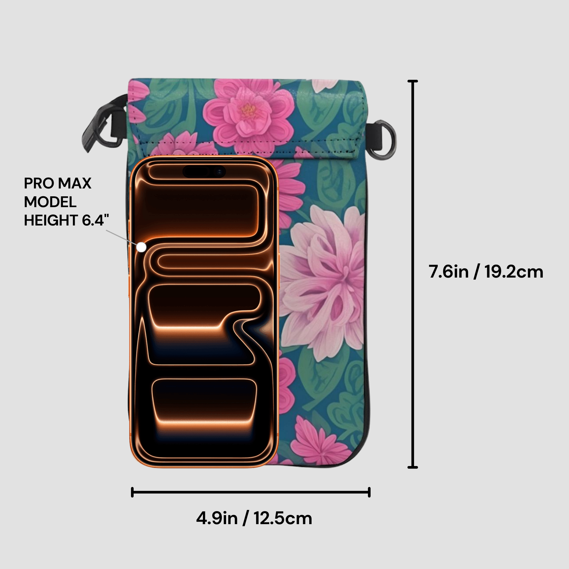 Floral phone case with dimensions and smartphone model compatibility on a gray background