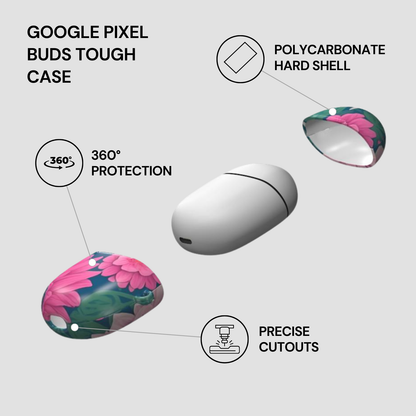 Google Pixel Buds Tough Case with features highlighted on a white background