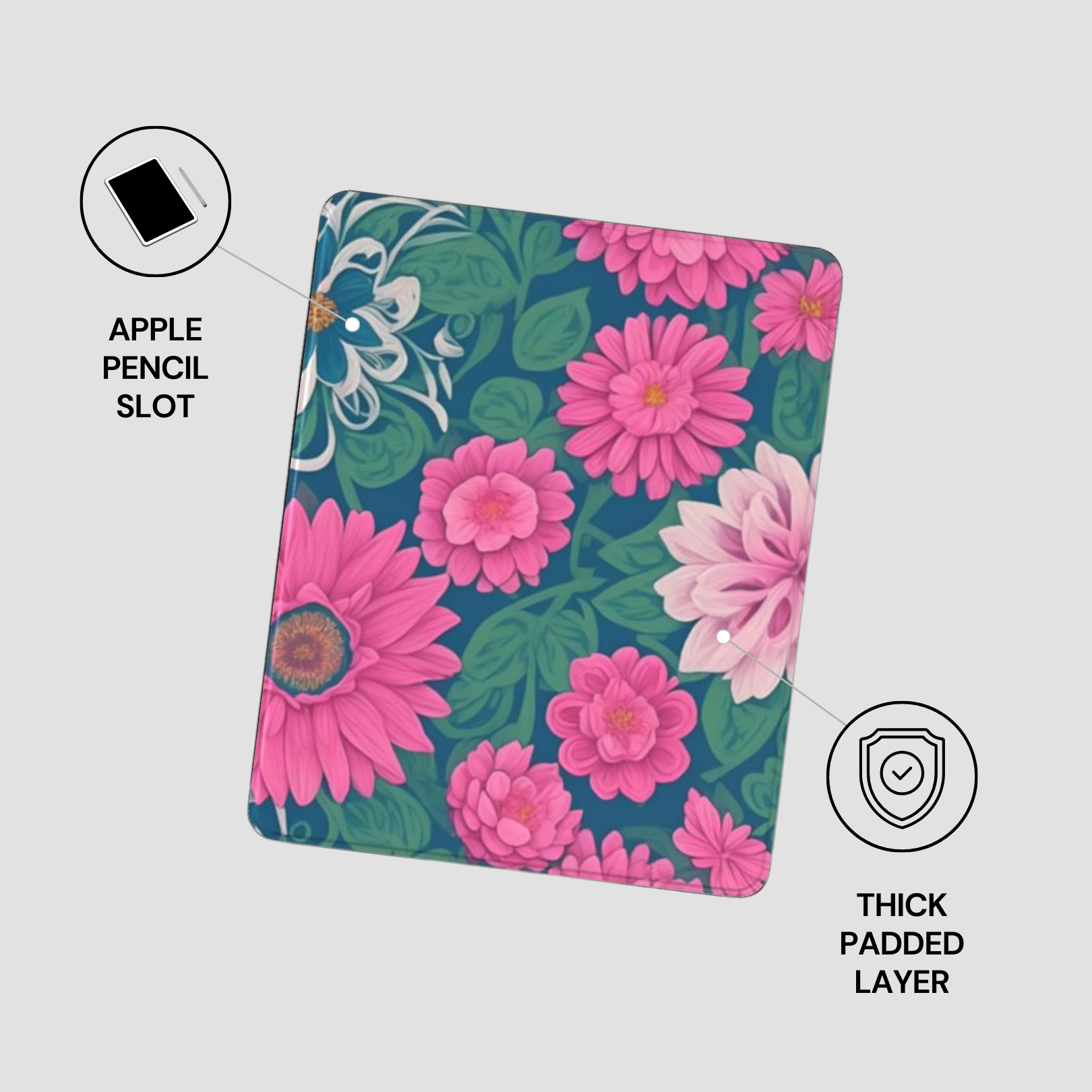 Floral patterned case with Apple Pencil slot and thick padded layer on a white background