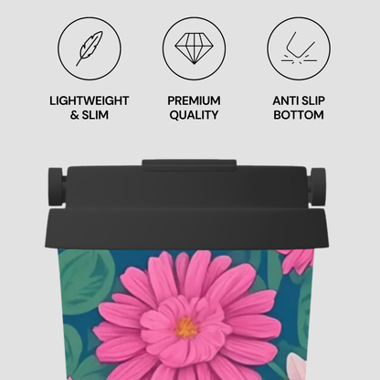 Floral-patterned product with features listed on a light gray background