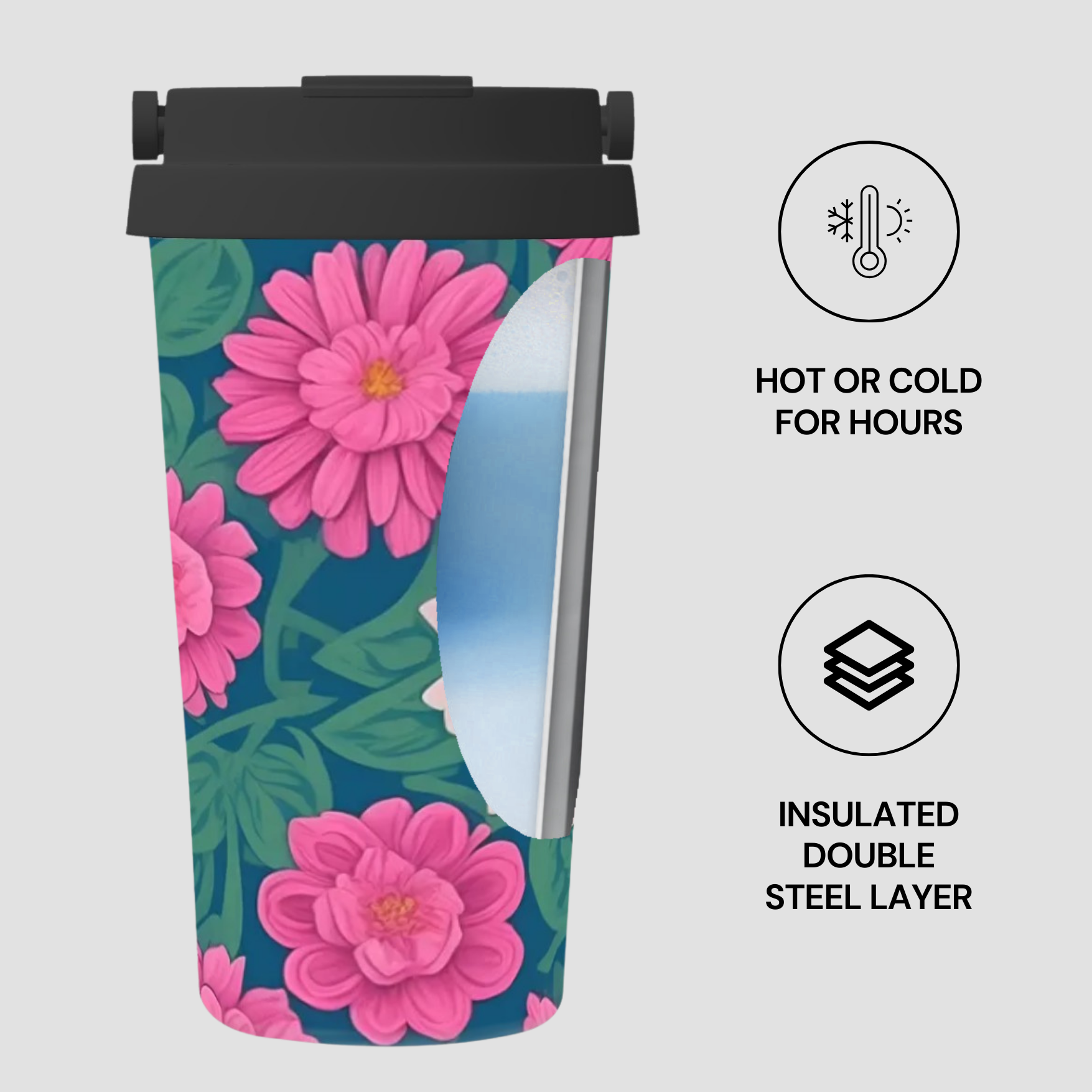 Floral-patterned tumbler with insulated design features on a white background