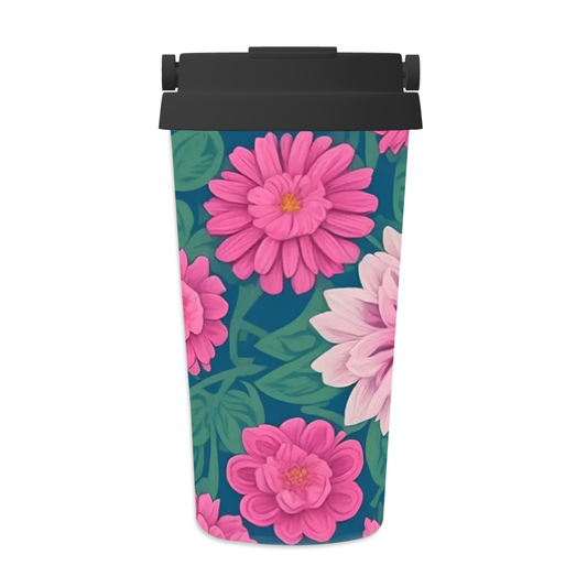 Tumbler with pink floral design on a white background