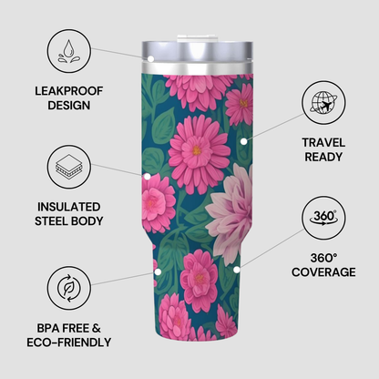 Floral-patterned tumbler with features highlighted on a gray background