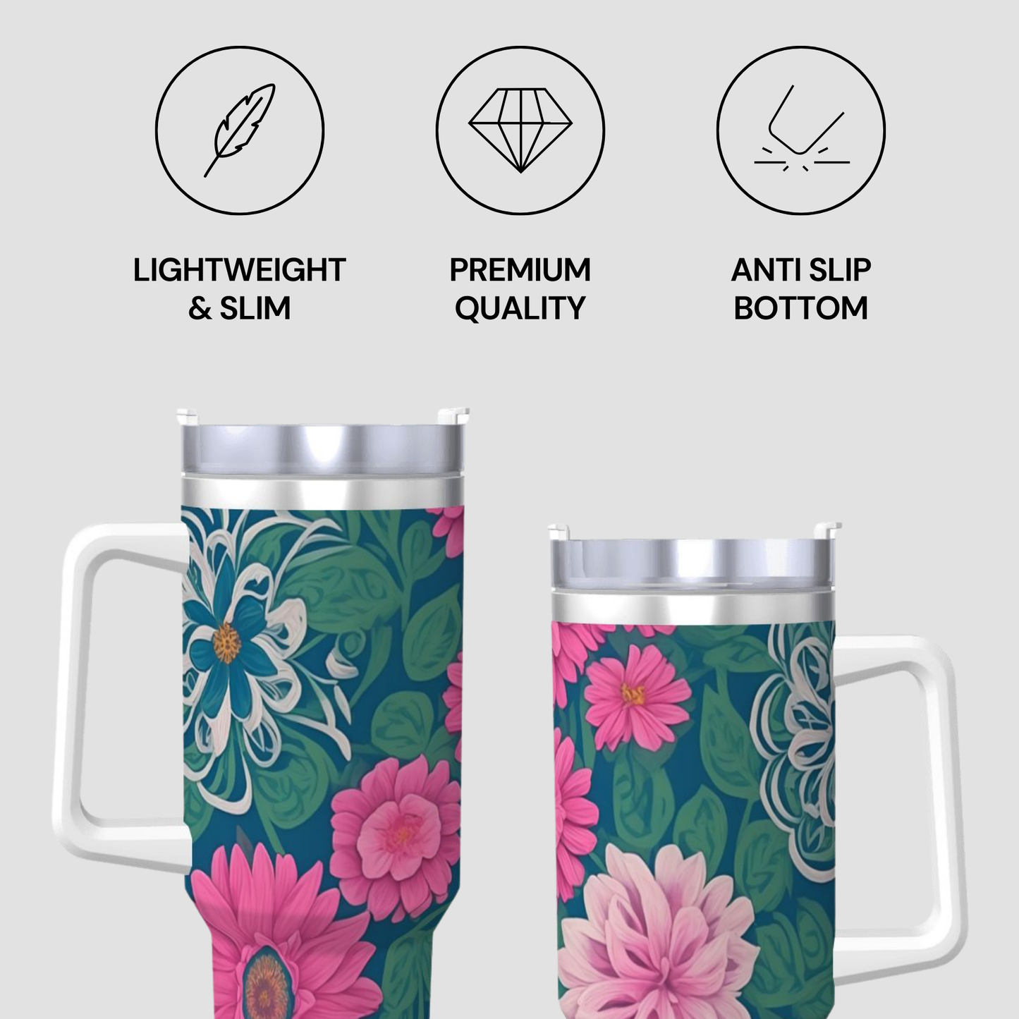 Two floral-patterned tumblers with product features listed above on a light gray background.