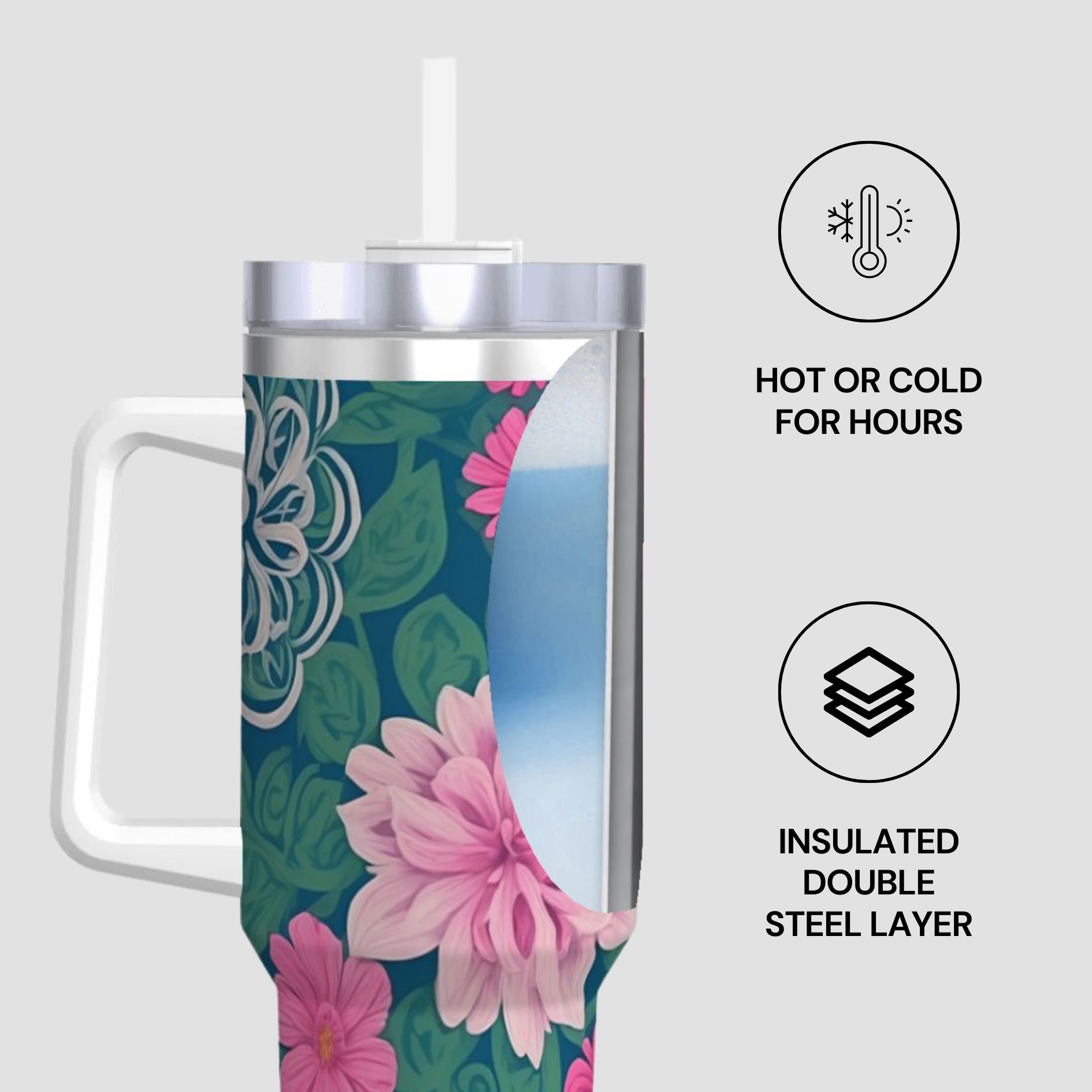 Floral insulated tumbler with a white handle on a light gray background