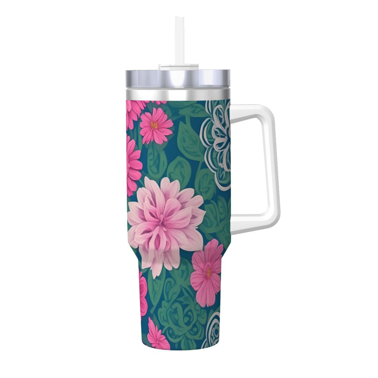 Tumbler with floral design and handle on a white background