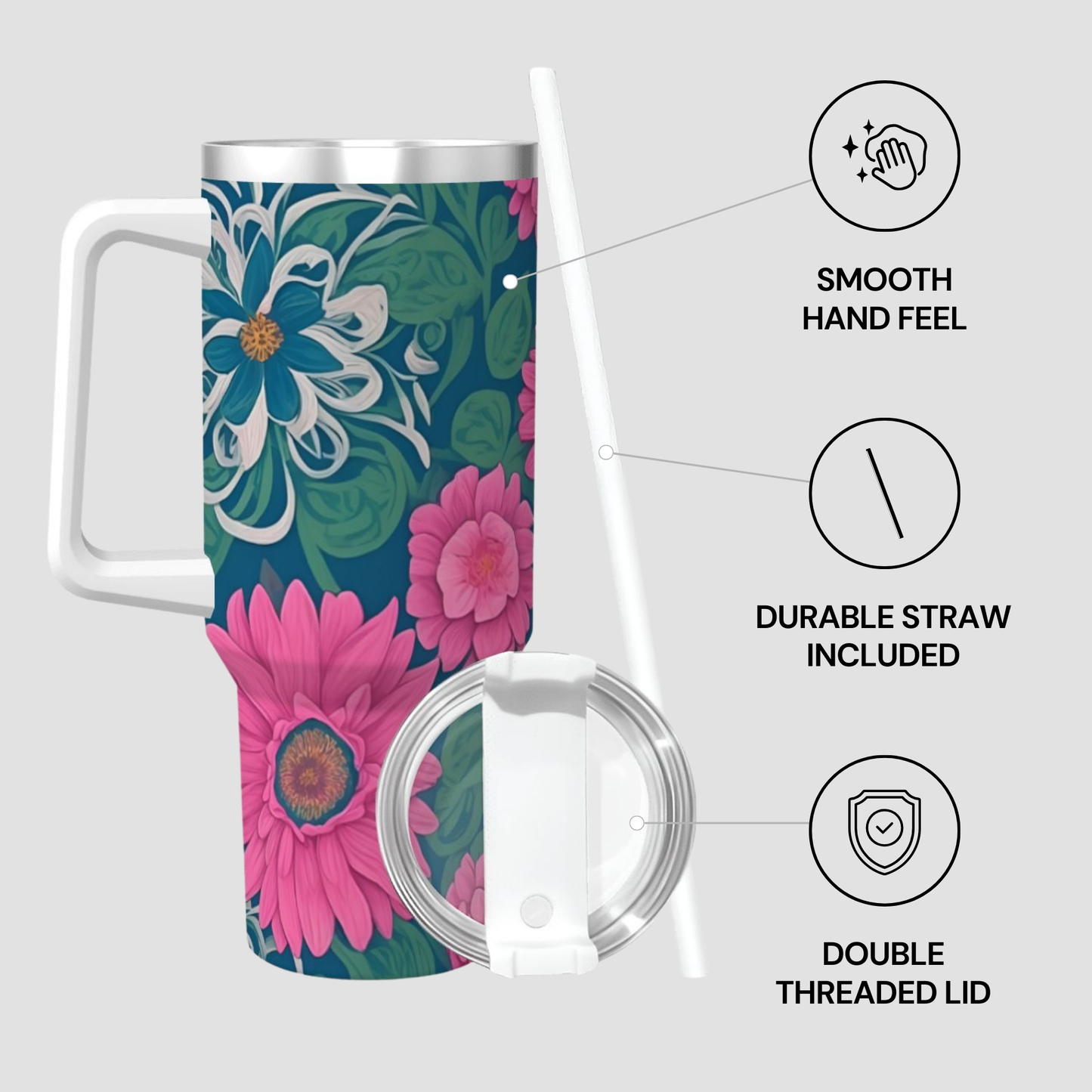 Floral-patterned tumbler with features highlighted on a white background